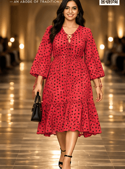 Indian model in a red printed contemporary dress