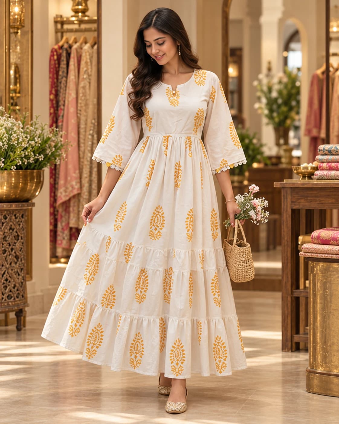 Indian model wearing a white and gold Rivalaya dress