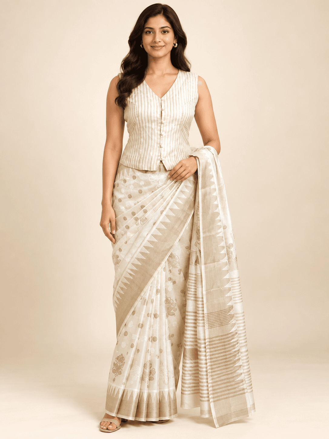 Rivalaya model in an ivory and beige saree ensemble for blouse fitting and saree finishing inspiration